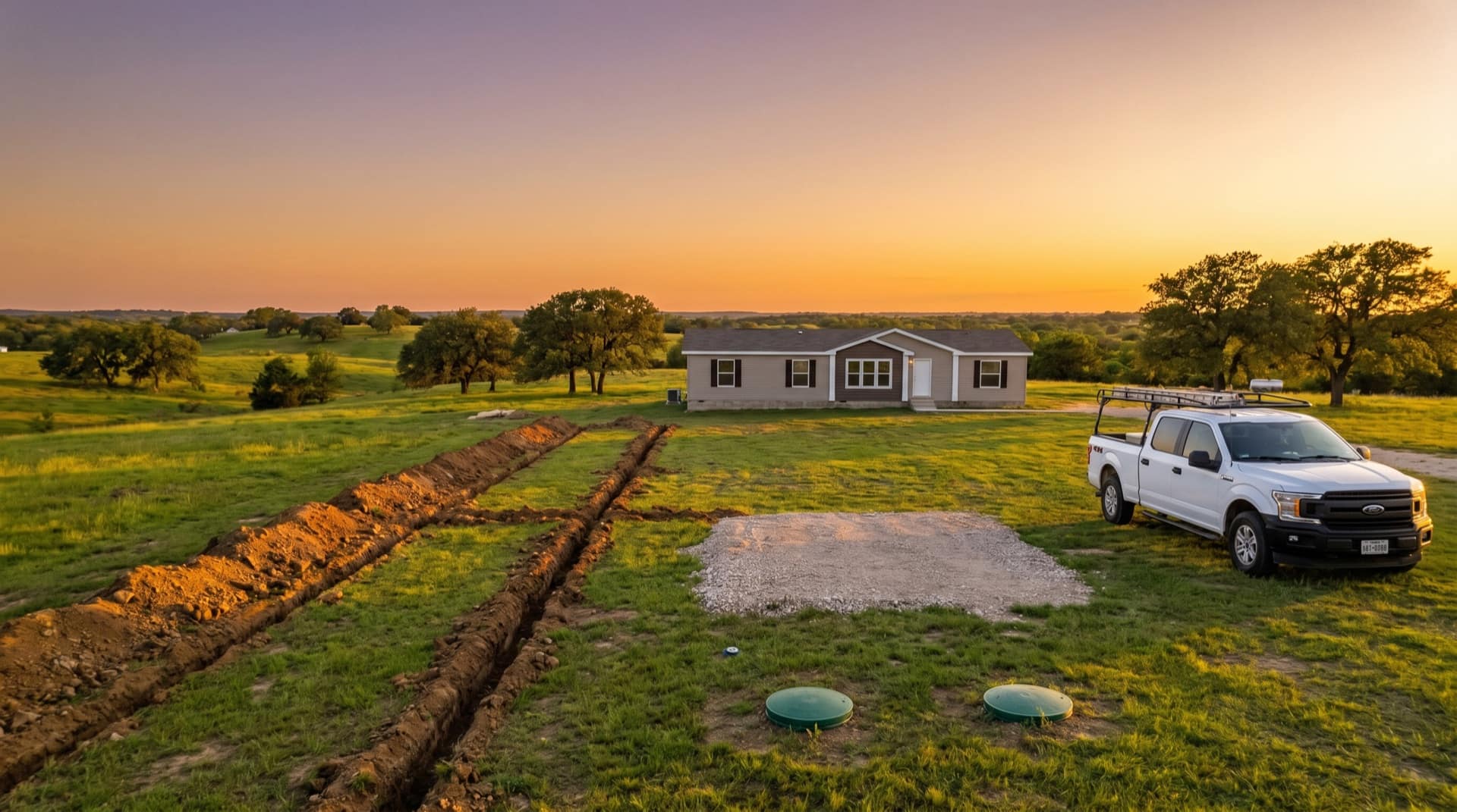 A manufactured home on rural Texas land with a freshly installed septic drip system